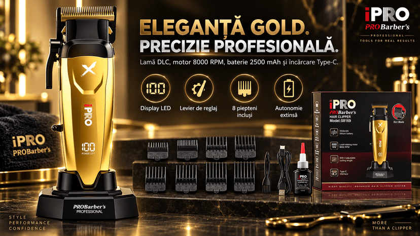 Mașină de tuns profesională BIRAI iPRO XBlade gold, 8000 RPM, lamă DLC, levier reglabil