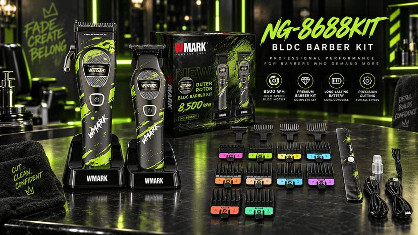 Set profesional BIRAI WMARK NG-B868KIT, mașină de tuns BLDC 8500 RPM și trimmer, negru cu verde neon