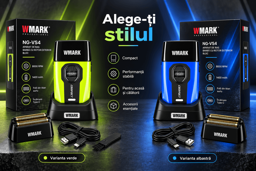 Aparat de ras profesional BIRAI WMARK NG-VS4 verde, folie dublă din titan auriu, motor BLDC 8000 RPM