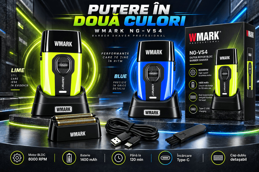 Aparat de ras profesional BIRAI WMARK NG-VS4 verde, folie dublă din titan auriu, motor BLDC 8000 RPM