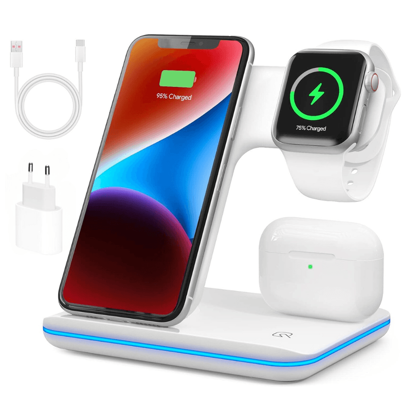 Încărcător Wireless Profesional 3 în 1 BIRAI® – Fast Charger 15W pentru Telefon, Căști & Smartwatch, Compatibil iPhone, Apple Watch, AirPods, Samsung, Huawei, Xiaomi, Android, USB Type-C, Alb