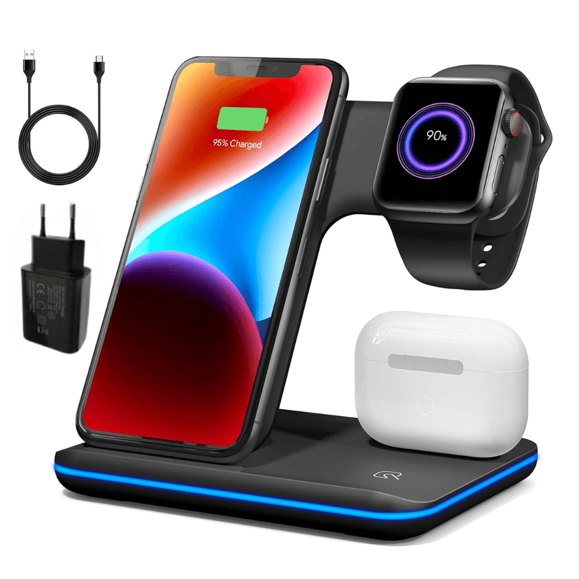 Încărcător Wireless Profesional 3 în 1 BIRAI® – Fast Charger 15W pentru Telefon, Căști & Smartwatch, Compatibil iPhone, Apple Watch, AirPods, Samsung, Huawei, Xiaomi, Android, USB Type-C, Negru
