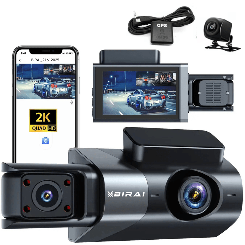 Camera Auto BIRAI® GoMotion 2K, Tripla, GPS, WiFi, Night Vision, WDR, G-Senzor, Monitorizare Parcare 24/7, Unghi 170°, Ecran IPS 3.5