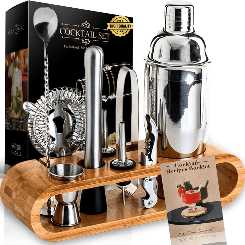 Set de Barman Profesional BIRAI® – 10 Piese | Cocktail Shaker 550ml, Oțel Inoxidabil, Suport Bambus, Accesorii Mixologie