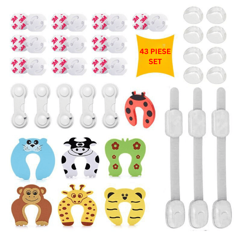 Set 43 Piese Protecții Mobilier & Prize BIRAI® – Siguranță pentru Copii și Bebeluși, Opritoare Uși, Blocatoare Sertare & Cuptor, Protecție Colțuri & Prize, Material BIO, Rezistent & Durabil