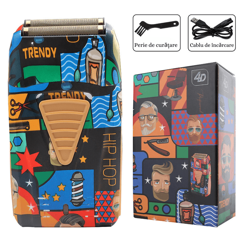 Aparat de Ras Electric Profesional 4D BIRAI® LK-2024 Graffiti – Shaver 8500 RPM, Lame Duble, Waterproof IPX7, Încărcare Rapidă USB, Umed/Uscat, Design Multicolor