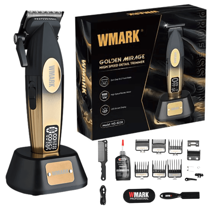 Mașină de Tuns Profesională WMARK by BIRAI® Golden Mirage, Motor 9000 RPM, Lame Titan, Afișaj LED, Stand de Încărcare, USB Rapid, Rezistentă la Apă, Ergonomică, Ideală pentru Frizerii & Salone, Negru Gold