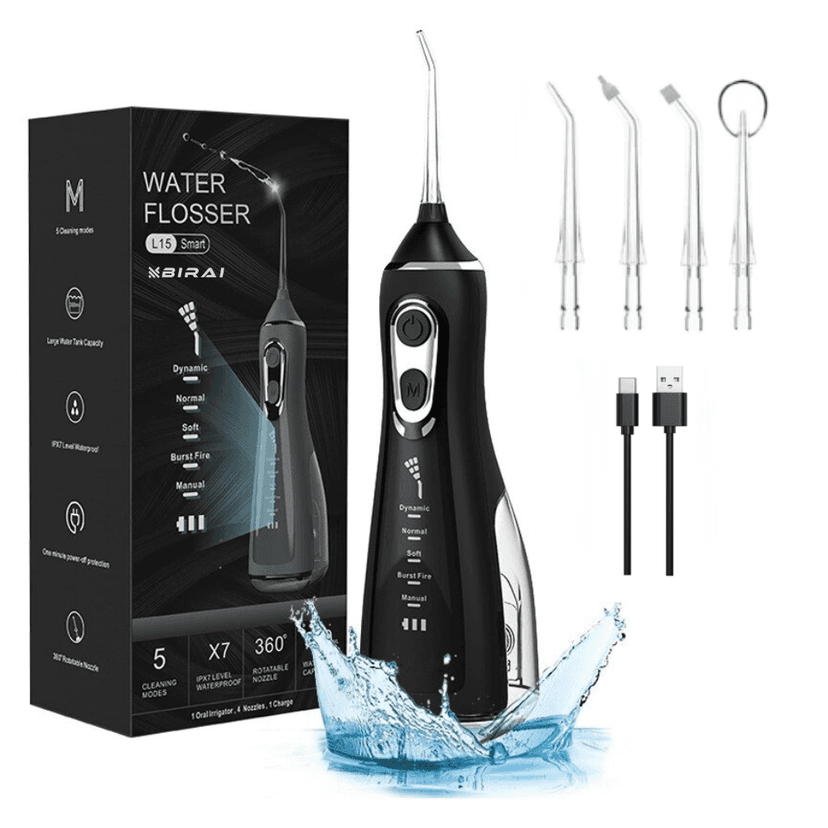 Irigator Bucal Profesional BIRAI® L15 Smart – Portabil, Fără Fir, 5 Programe, 1800 Pulsatii/min, IPX7, Rotire 360°, 4 Capete, Rezervor 300ml, Baterie 2000mAh, Negru