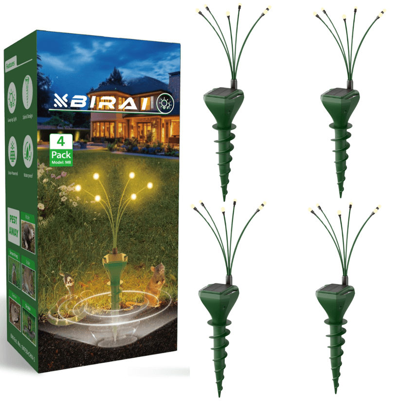 4 Aparate Anti-Cârtite cu Lumini Tip Licurici BIRAI M8 – Ultrasunete, Solar, IP65, Protecție Grădină