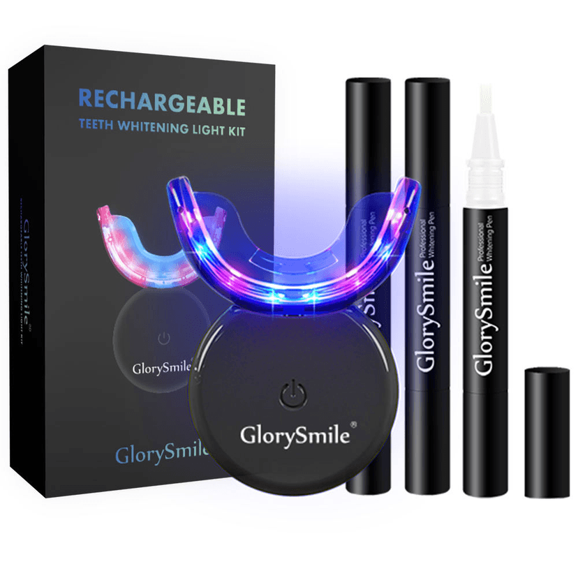 Kit Albire Dinți GlorySmile – 3x Gel fără Peroxid, Lumină LED Roșu+Albastru, Mulaje Incluse, USB & Reîncărcabil