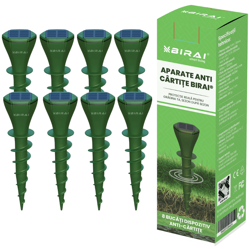 Aparat Anti Cartite Solar BIRAI AR08M, Ultrasunete Gradina, Set 8 Buc, IP65, Anti Rozatoare, Protectie Gradina Totala 1400 mp2