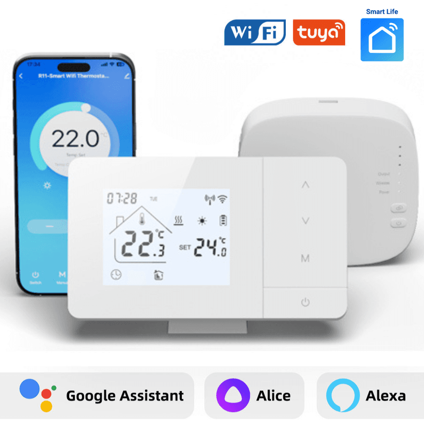 Termostat Inteligent BIRAI® EcoTherm WiFi, Programabil prin Tuya/Smart Life, Control Vocal Alexa & Google Home, Receiver Inclus, Alb