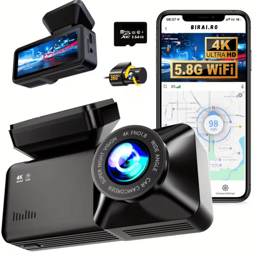 Camera Auto BIRAI® RoadPro A215 4K WiFi, 170°, Dual, Night Vision, G-Sensor