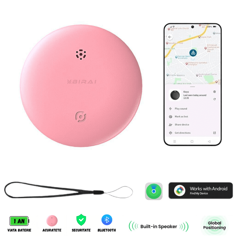 Dispozitiv Anti-Pierdere BIRAI SafeTag – GPS Tracker Bluetooth cu Localizare Globală, Compatibil Android, Ideal pentru Chei, Copii, Animale, Bagaje