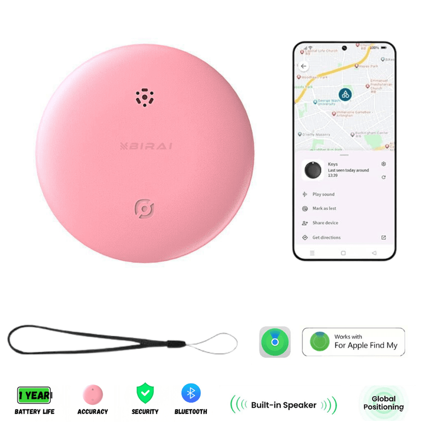 Dispozitiv Anti-Pierdere BIRAI SafeTag, Compatibil IOS, Localizare GPS Tracker, Acoperire Globala, Roz