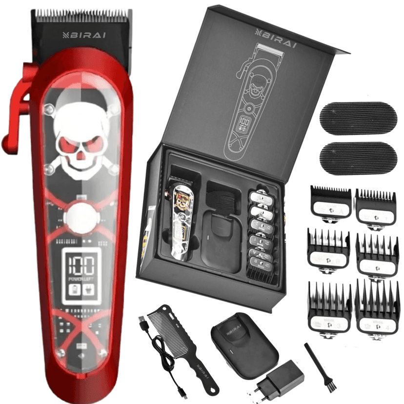 Masina De Tuns Profesionala BIRAI Elite, 7000 RPM, Acumulator, Afisaj LED, Lame Titan, Waterproof, Rosu