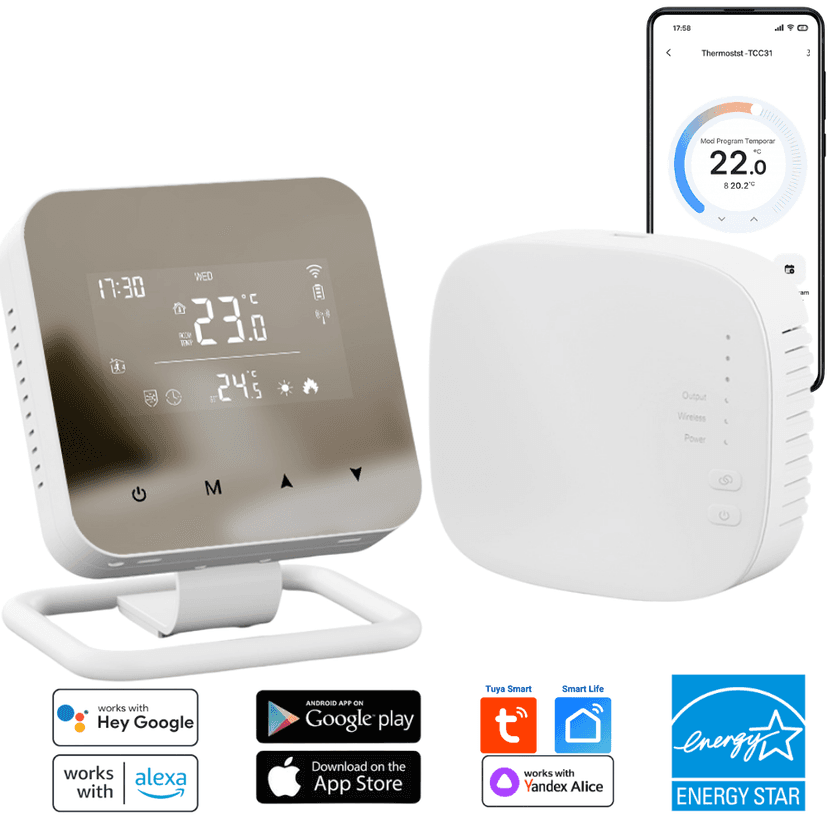 Termostat Smart WiFi BIRAI® MirrorTherm, Wireless, Control prin Telefon, Tuya, Alexa, Google Home, Receiver Inclus, Negru