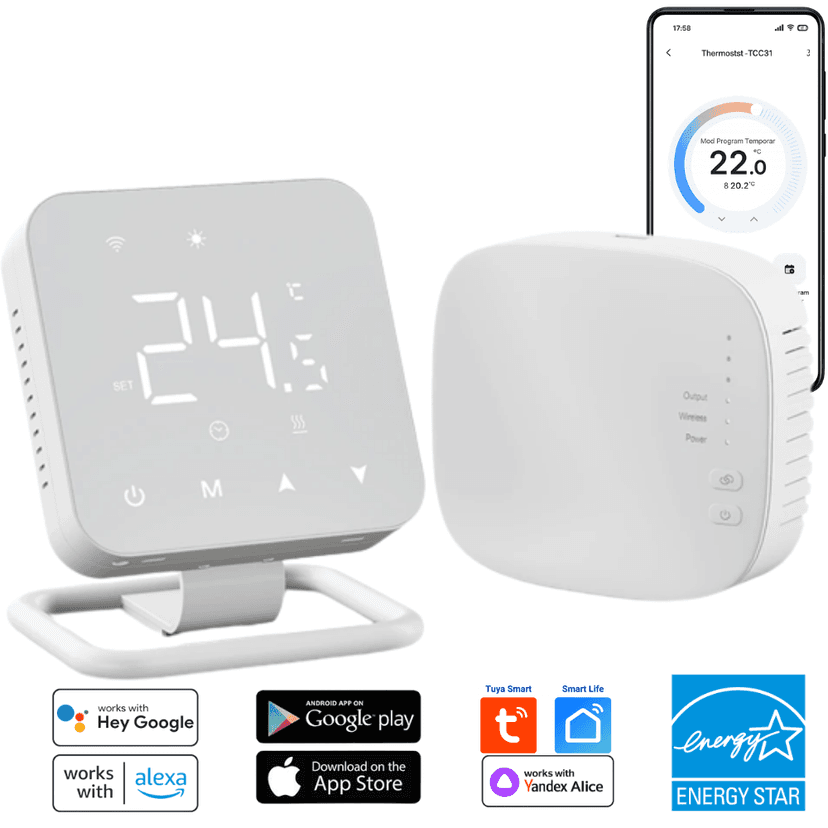 Termostat Smart WiFi BIRAI® MirrorTherm, Wireless, Control prin Telefon, Tuya, Alexa, Google Home, Receiver Inclus, Alb