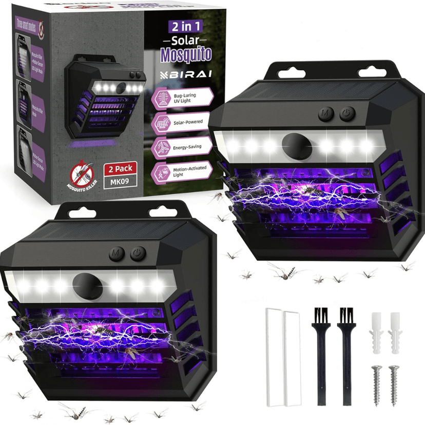 Set 2 Lămpi UV Anti Țânțari BIRAI SolarGuard 2in1, Exterior, Solar + USB, IP65, Protecție Insecte, Grădină & Terasă