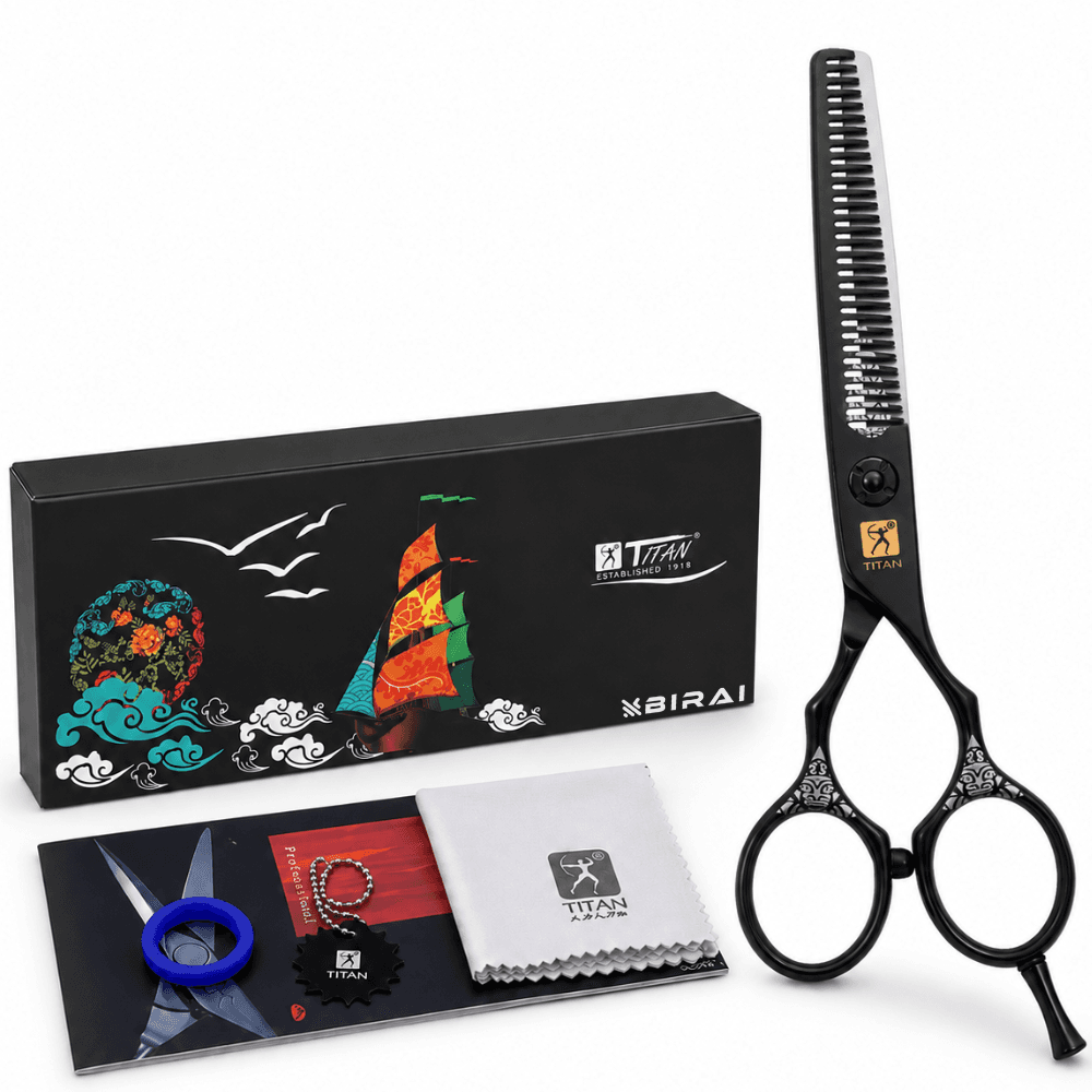Foarfecă profesională de filat BIRAI Titan, oțel japonez 440C, 60-63 HRC, neagră