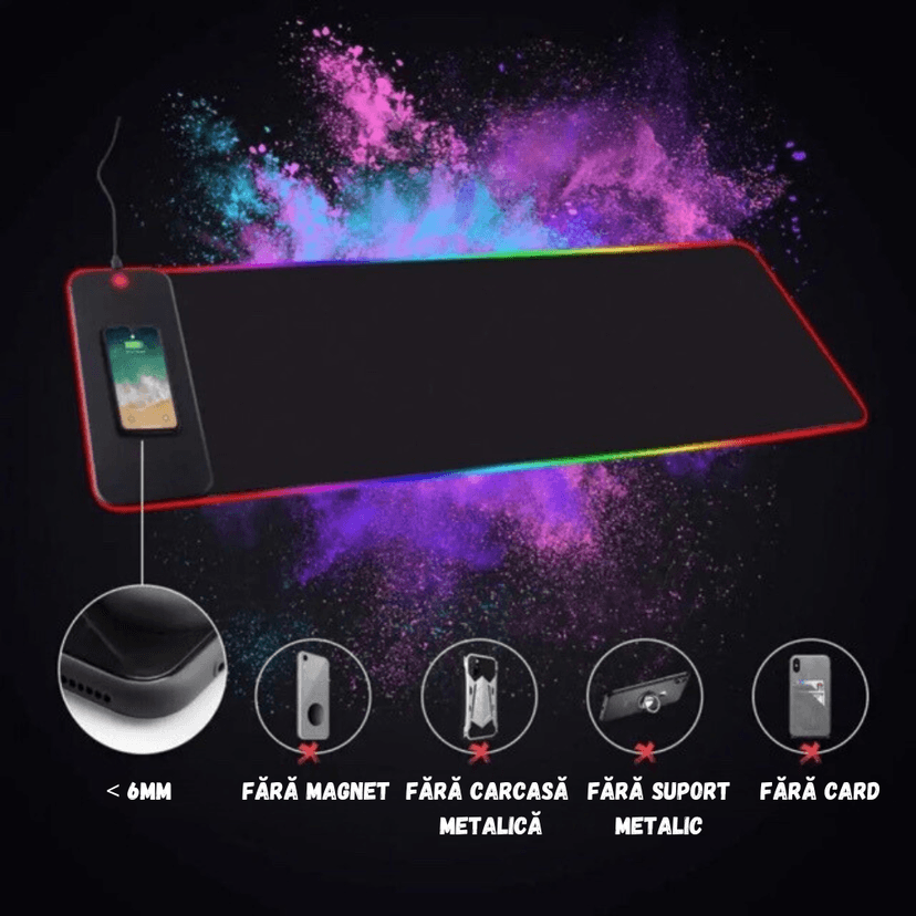 MousePad Gaming RGB BIRAI cu incarcare wireless, fara magnet, fara carcasa metalica, fara suport metalic, fara card, subtire sub 6mm.