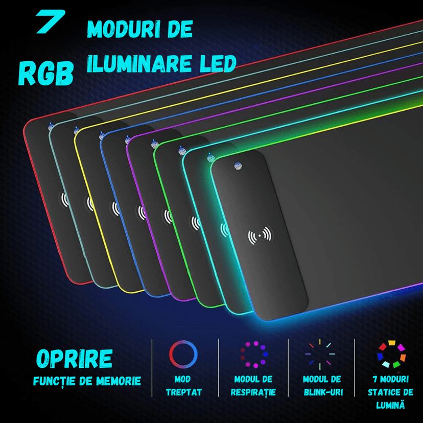 MousePad Gaming RGB cu Incarcare Wireless 15W, 7 moduri iluminare LED, baza anti-alunecare, BIRAI.