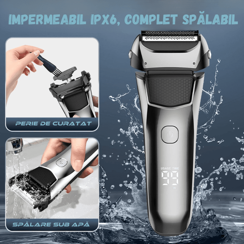 Aparat de ras electric BIRAI® FK-609 complet lavabil, impermeabil IPX6, cu perie de curățare și utilizare sub jet de apă.