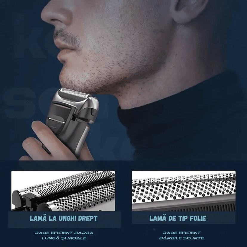 Aparat de ras electric BIRAI® FK-609 folosit de bărbat modern, cu lame flexibile și trimmer pentru bărbierit precis.
