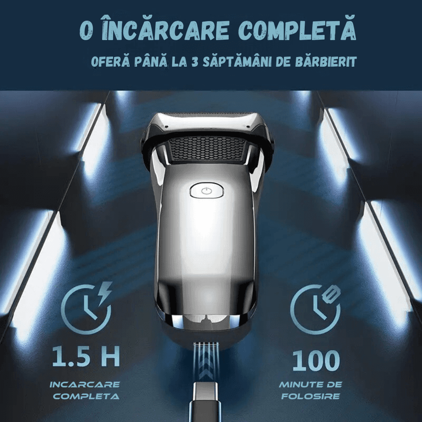 Aparat de ras electric BIRAI® FK-609 cu încărcare rapidă USB, autonomie de 100 minute și până la 3 săptămâni de utilizare.
