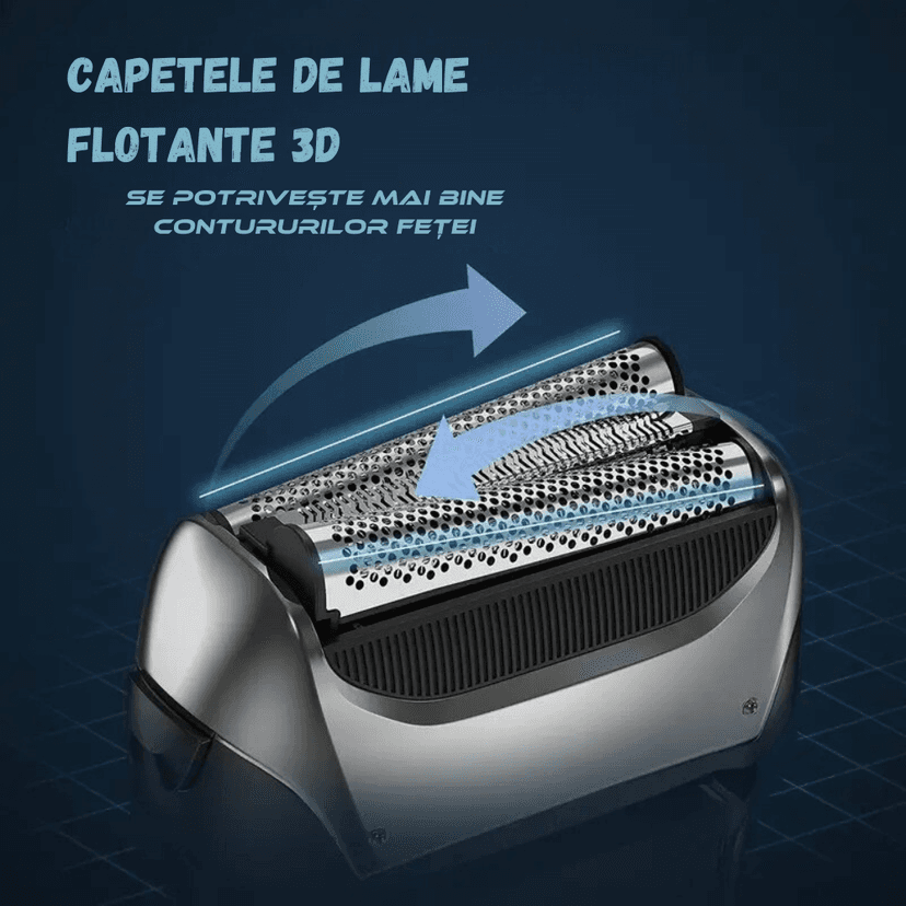Capete de lame flotante 3D ale aparatului de ras BIRAI® FK-609, concepute pentru adaptare perfectă la contururile feței.