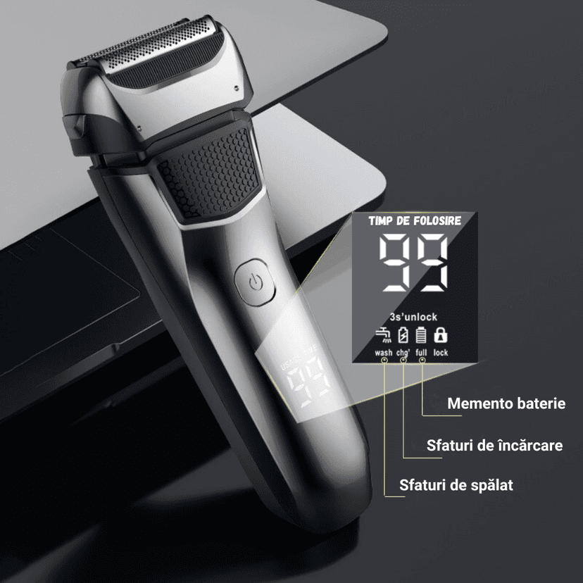 Aparat de ras electric BIRAI® FK-609 cu display LCD inteligent pentru afișarea timpului de folosire, bateriei și sfaturi de întreținere.