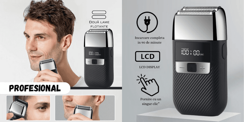 Shaver profesional Birai – aparat de ras electric cu lame duble, LCD și USB