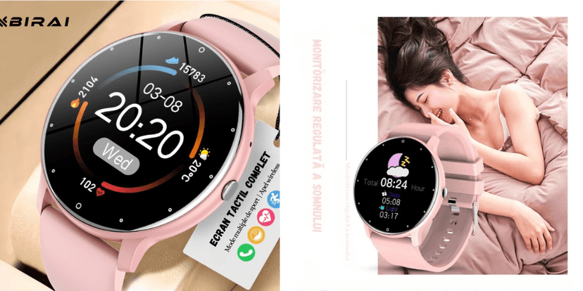 Smartwatch UltraSmart roz cu ecran tactil complet, monitorizare somn, pași, calorii, vreme, notificări aplicații și design modern.