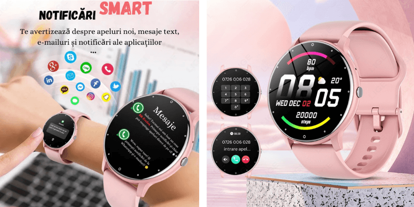 Smartwatch roz UltraSmart cu ecran tactil HD, notificări inteligente pentru apeluri, mesaje, email, aplicații sociale, monitorizare pași și funcții fitness.