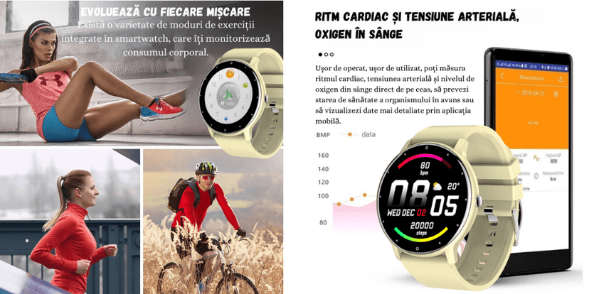 Ceas smartwatch gri, aplicație mobilă și exemple de activități sportive