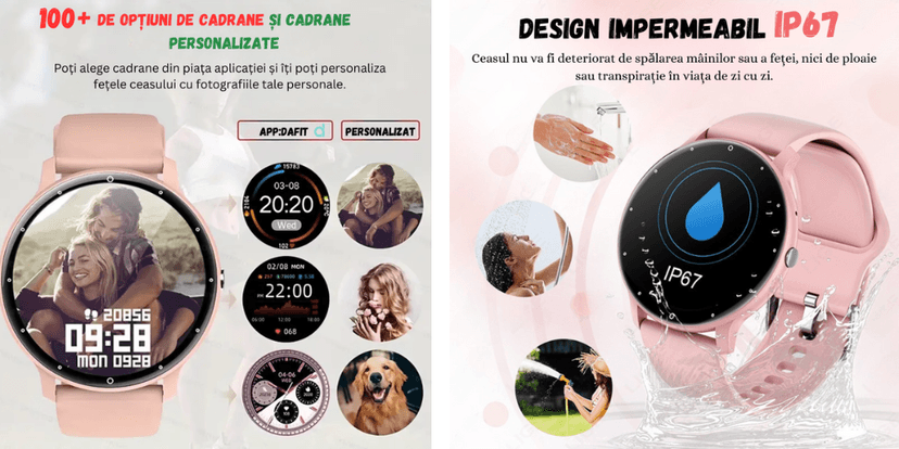 Smartwatch UltraSmart roz cu peste 100 cadrane personalizate, rezistență la apă IP67, ecran HD, funcții fitness și notificări inteligente.