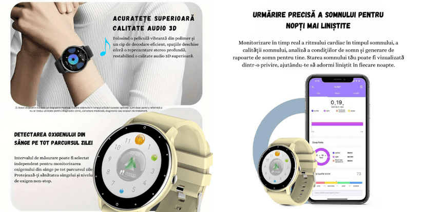 Ceas smartwatch gri cu ecrane de monitorizare și aplicație mobilă