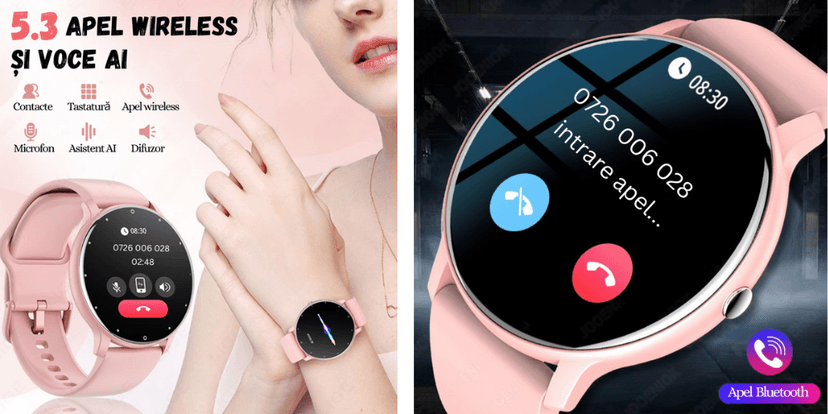 Smartwatch UltraSmart roz cu apel wireless Bluetooth, microfon, difuzor, asistent vocal AI, ecran tactil HD și funcții inteligente.