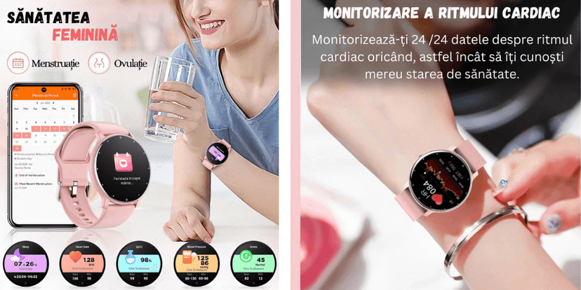 Smartwatch UltraSmart roz cu monitorizare sănătate feminină, ciclu menstrual, ovulație, ritm cardiac 24/7, ecran tactil HD.