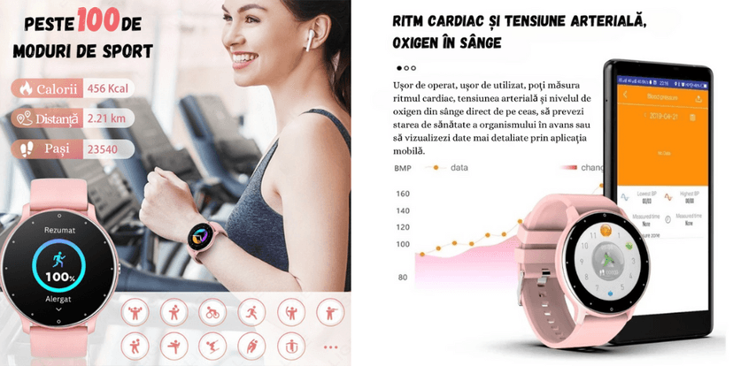 Smartwatch UltraSmart roz cu peste 100 moduri sport, monitorizare calorii, distanță, pași, ritm cardiac, tensiune arterială și oxigen în sânge.