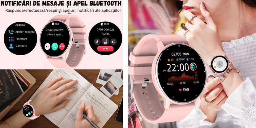 Smartwatch UltraSmart roz cu notificări apel Bluetooth, mesaje, control apeluri, ecran tactil HD, compatibil Android și iOS.