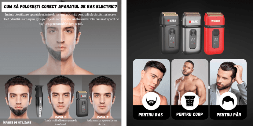 Instrucțiuni utilizare aparat de ras electric Wmark Evo BIRAI, imagini înainte și după folosire, recomandări pentru ras, corp și păr.