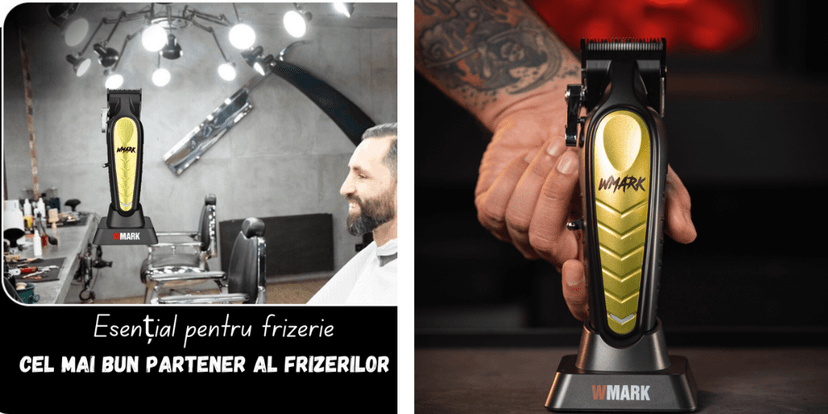 Mașină de tuns profesională WMARK Royal by BIRAI®, utilizată în frizerii moderne, cu motor performant, lame din titan, stand de încărcare și design ergonomic, partenerul ideal al frizerilor.