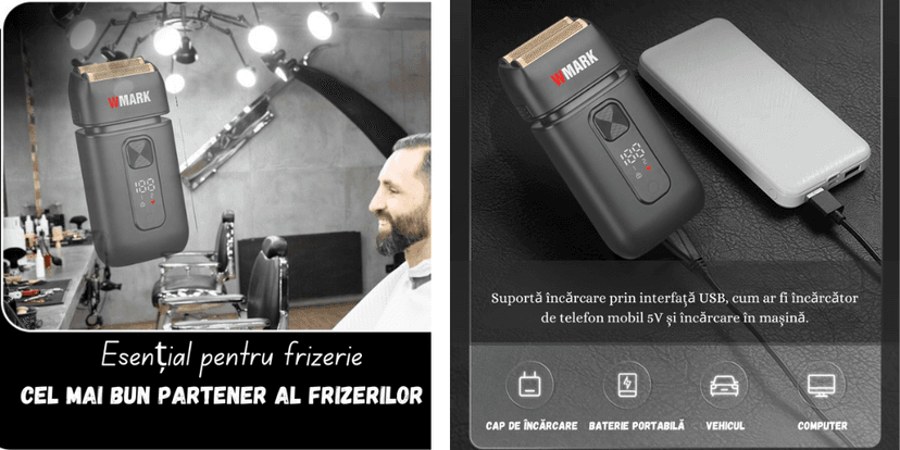 Aparat de ras electric Wmark Evo BIRAI utilizat în frizerie, cu încărcare USB de la baterie portabilă, mașină sau computer.