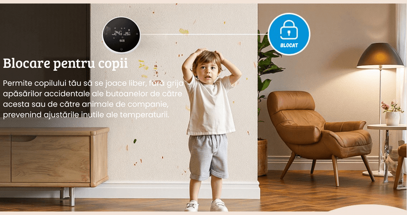 Ajusteaza temperatura rapid prin comenzi vocale, fara a atinge termostatul. protectie copiii