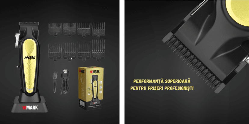Mașină de tuns profesională WMARK Royal by BIRAI® cu motor puternic 8000 RPM, set complet de piepteni, cablu USB, cutie de prezentare și lame de precizie, ideală pentru frizeri profesioniști.