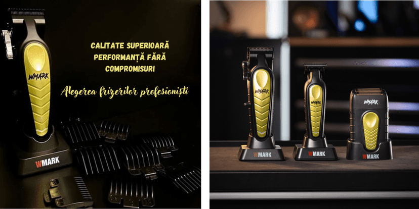 Set de mașini de tuns profesionale WMARK Royal by BIRAI®, cu motor puternic, lame din titan, stand de încărcare, accesorii multiple și design premium, ideal pentru frizerii profesioniști.