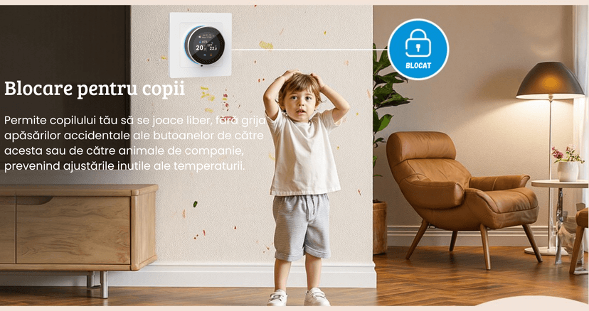 Ajusteaza temperatura rapid prin comenzi vocale, fara a atinge termostatul. protectie copiii