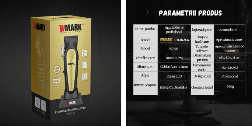 Cutie de prezentare a mașinii de tuns profesionale WMARK Royal by BIRAI®, cu specificații tehnice detaliate: motor 8000 RPM, afișaj LED, acumulator puternic și design profesional.