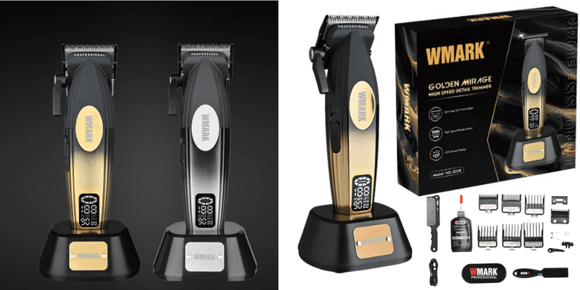 Mașini de tuns profesionale WMARK Golden Mirage în culori negru și auriu, cu motor 9000 RPM, afișaj LED și set complet de accesorii premium.